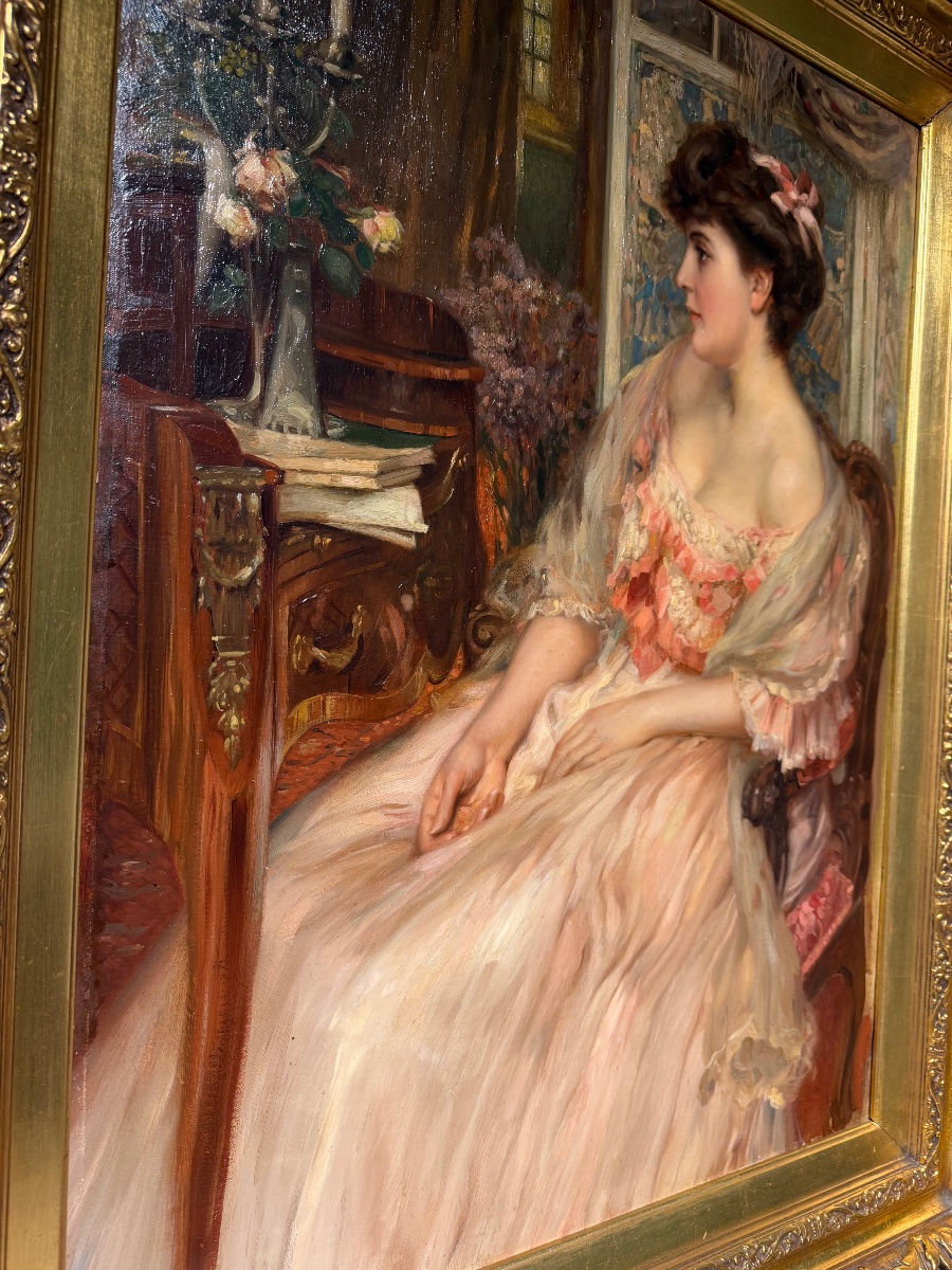 Fernand Toussaint (1873-1956) - Elegant Portrait Of A Young Woman In An Interior-photo-3