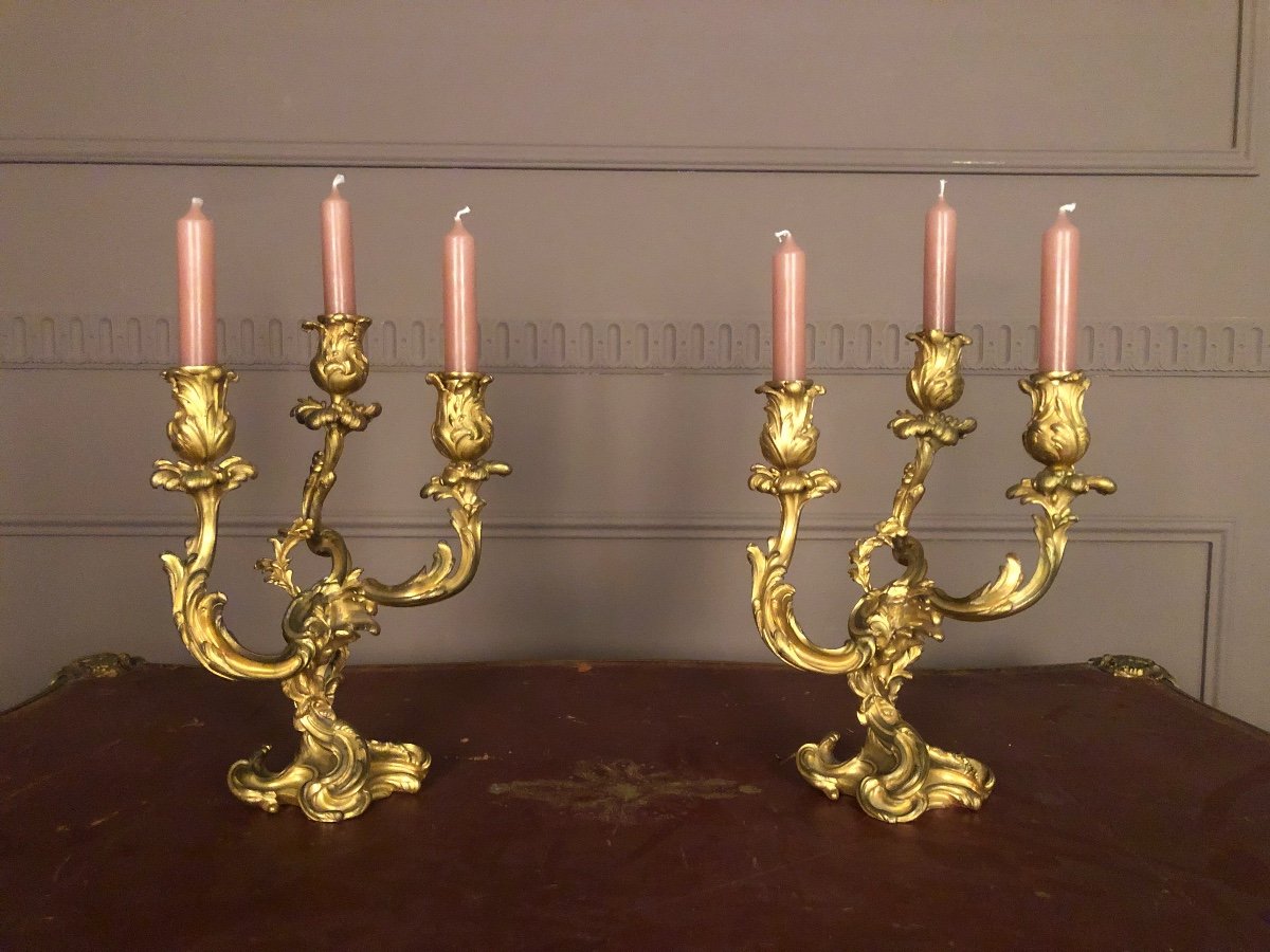 Pair Of Candelabras In Gilt Bronze. Signed E. Colin