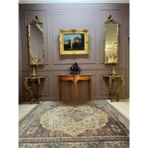 Pair Of Louis XV Style Golden Wood Consoles And Mirrors
