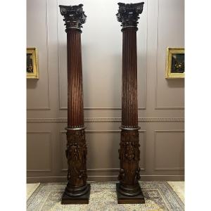 Grande Paire De Colonnes Corinthiennes En Chêne 2m62 X 36cm