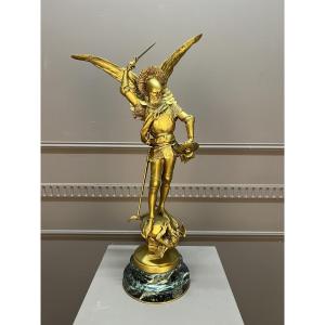 Gilded Bronze Sculpture, Saint-michel Terrassant Le Dragon Signed By Emmanuel Frémiet (1824-1910)