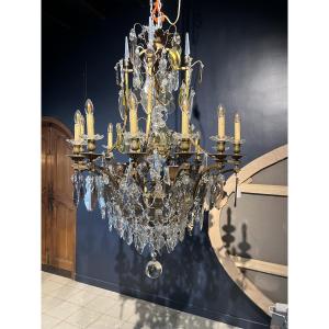 Large Crystal And Bronze Cage Chandelier – Louis XVI Style – 19th Century. Height: 130 Cm – 28 In