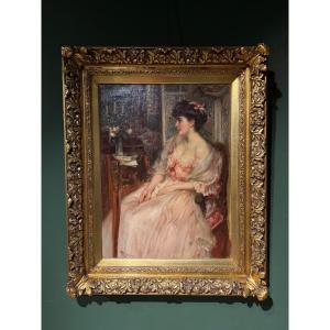 Fernand Toussaint (1873-1956) - Elegant Portrait Of A Young Woman In An Interior