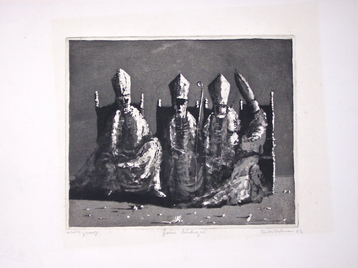 -   Gravure  Bartolomeu Cid dos Santos - 4  Bishops - Signée / 1962   - Epreuve  d' Artiste   -