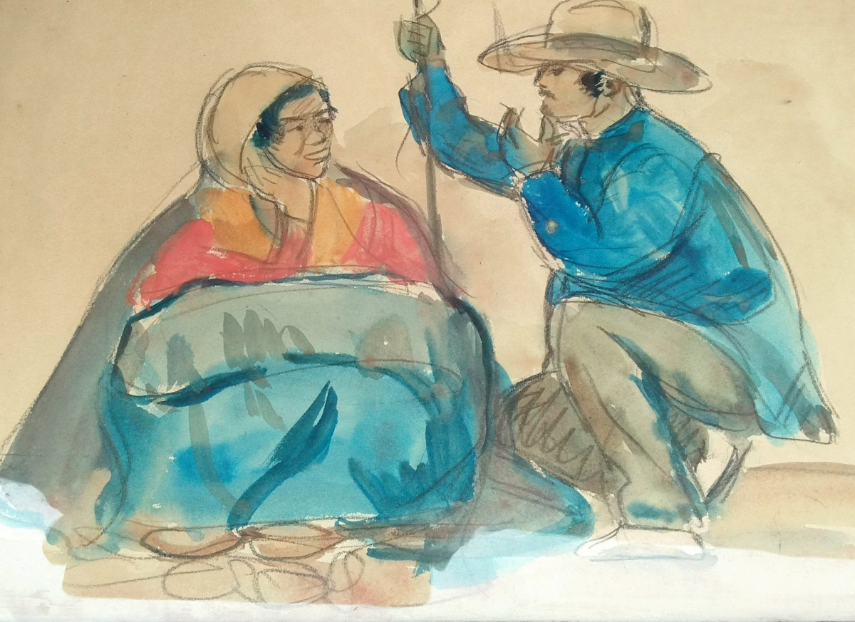 -  peinture  au   crayon  noir  +  aquarelle  -  encadrée........  non - signée