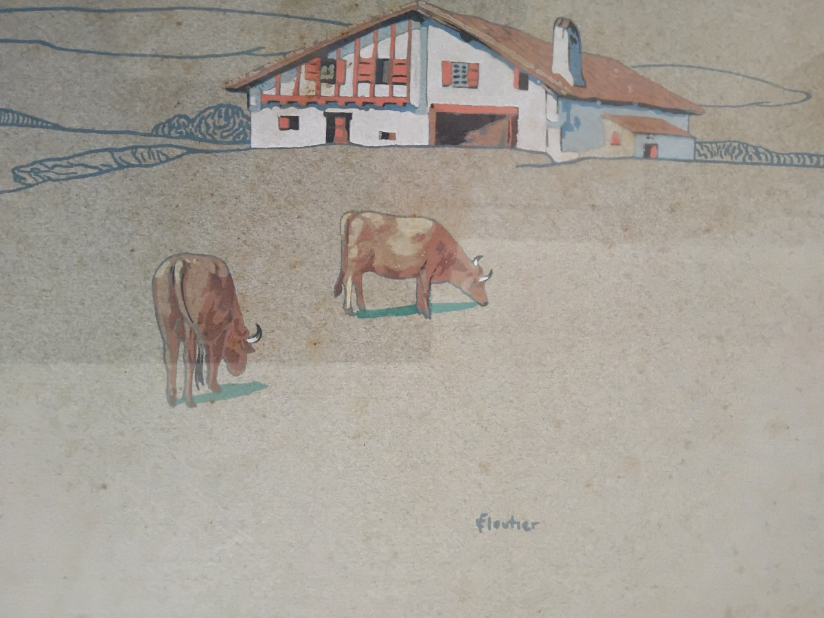 Pair Of Basque Regionalist Gouaches By The Painter Louis Floutier-photo-3