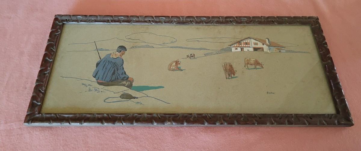 Pair Of Basque Regionalist Gouaches By The Painter Louis Floutier-photo-4