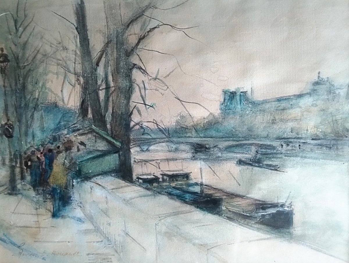  -  Bouquinistes  &  Peniches  sur  la  Seine  -  Georges  Dominique  ROUAULT   -   aquarelle