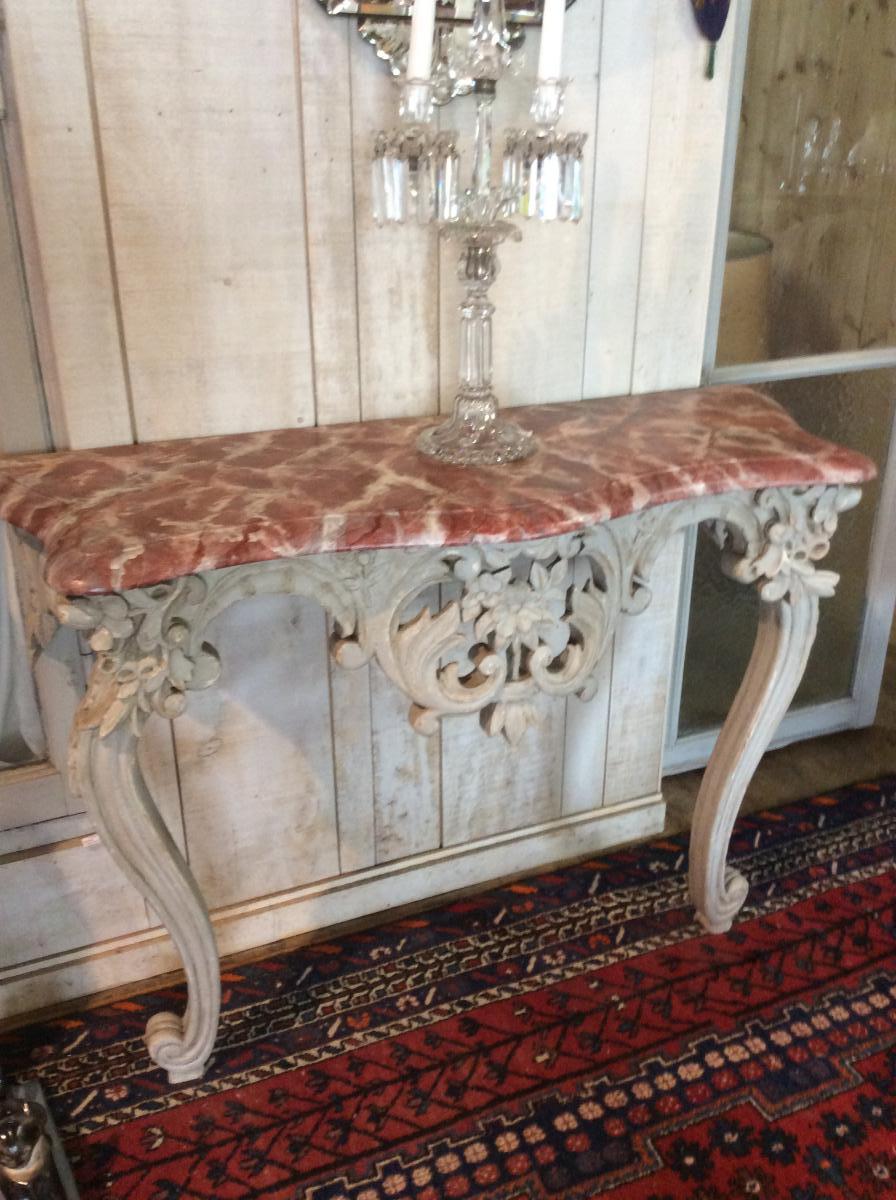 Console Louis XV In Walnut Wall, Grey Patina, Faux Marble