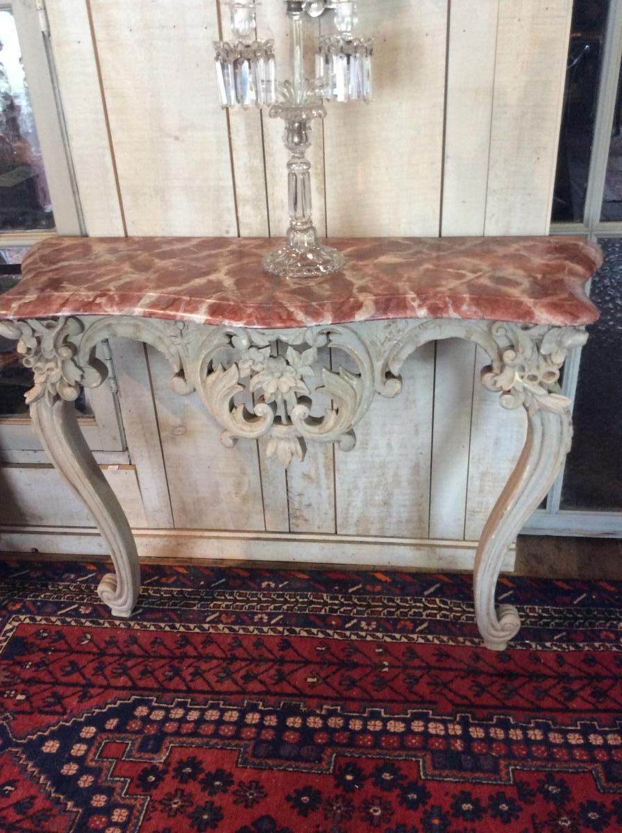Console Louis XV In Walnut Wall, Grey Patina, Faux Marble-photo-2
