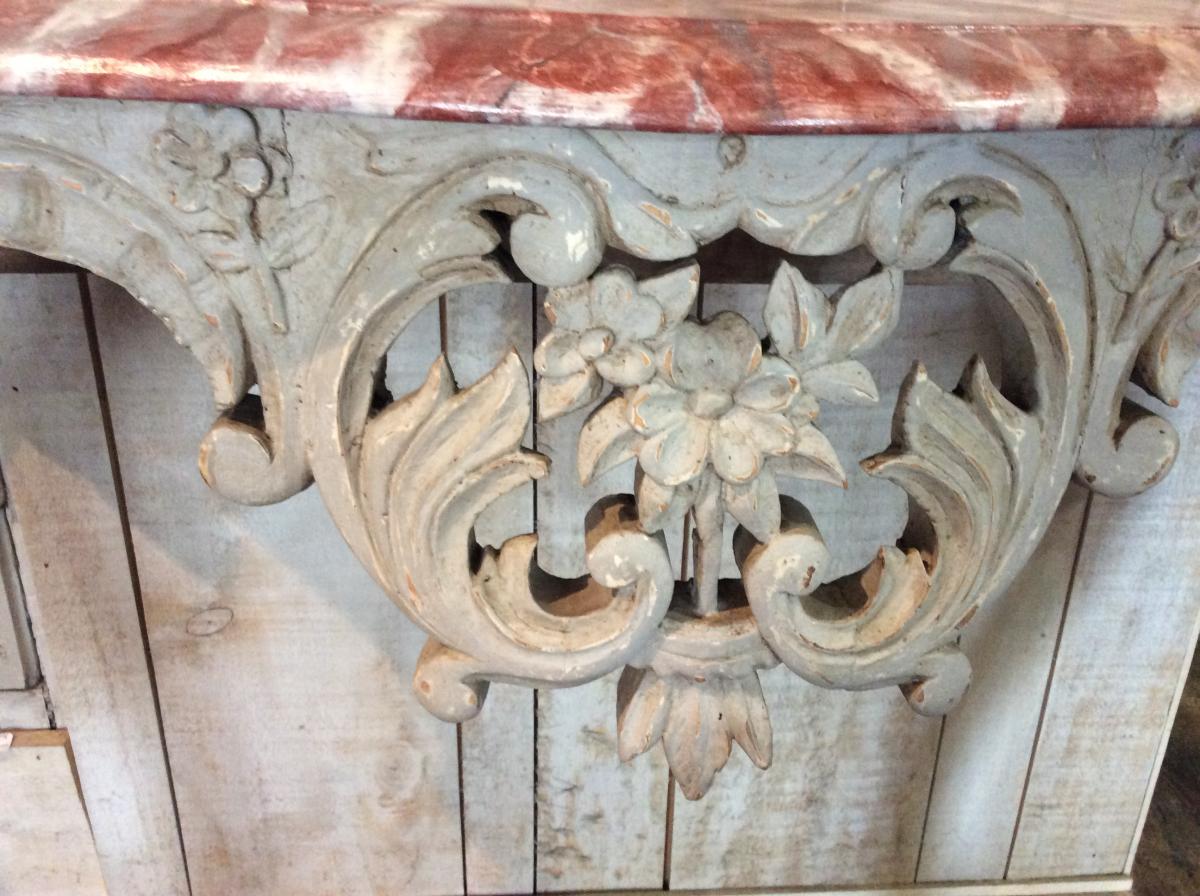 Console Louis XV In Walnut Wall, Grey Patina, Faux Marble-photo-3