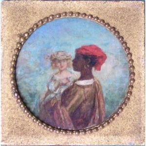 - Elegante With Her Servant - Small Old Oil -