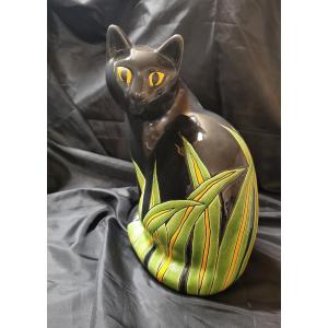 Black Cat 70s Enameled Ceramic From Longwy 
