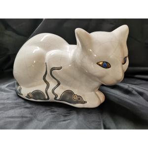 Lying Cat "mouse" In Glazed Earthenware From The Longwy Manufacture