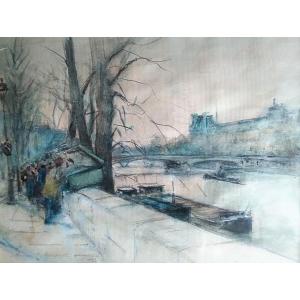 - Bookstalls & Houseboats On The Seine - Georges Dominique Rouault - Watercolor
