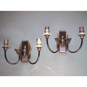 - Paire  d' Appliques  Lunel  -  Verre  &  Bronze   -  Années  40 / 50  -