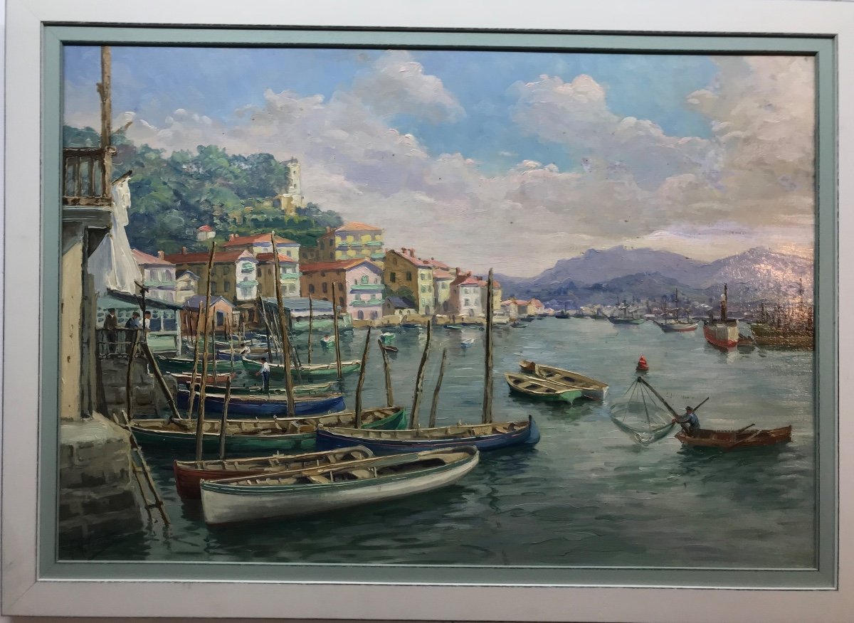 Port De Pasaia Pasajes Pays Basque  Sud Huile Sur Panneau d'Alphonse Milcent