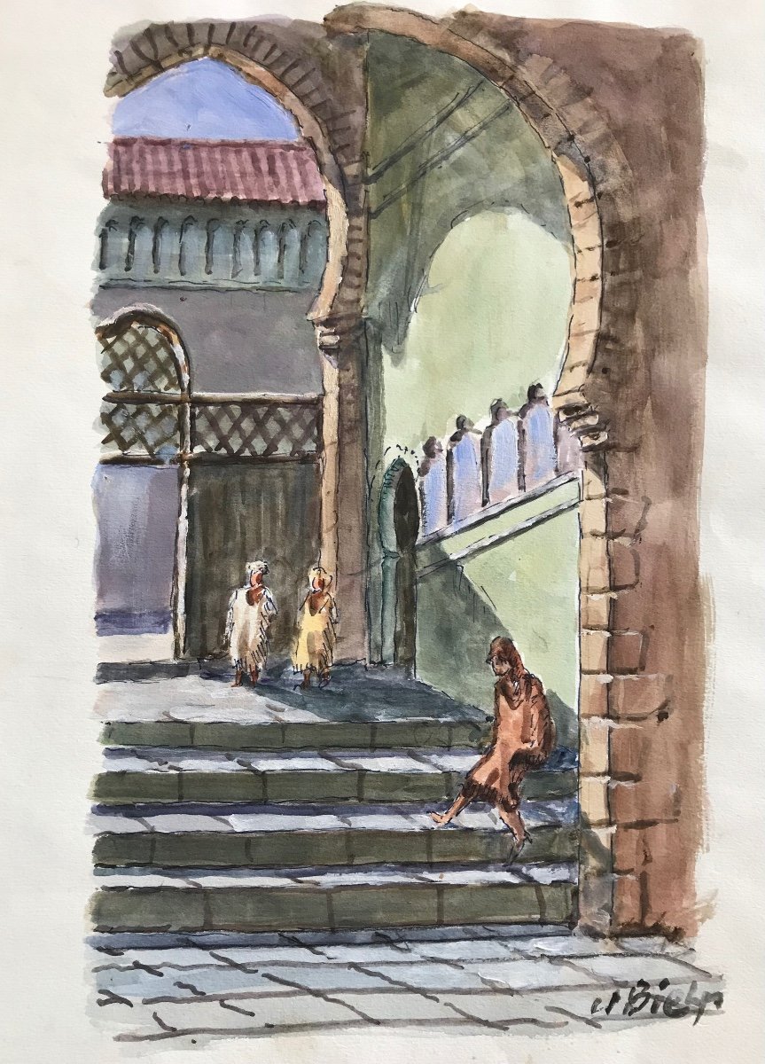 Maroc Orientalisme Moulay Idriss Gouache Du Peintre Basque William Biehn
