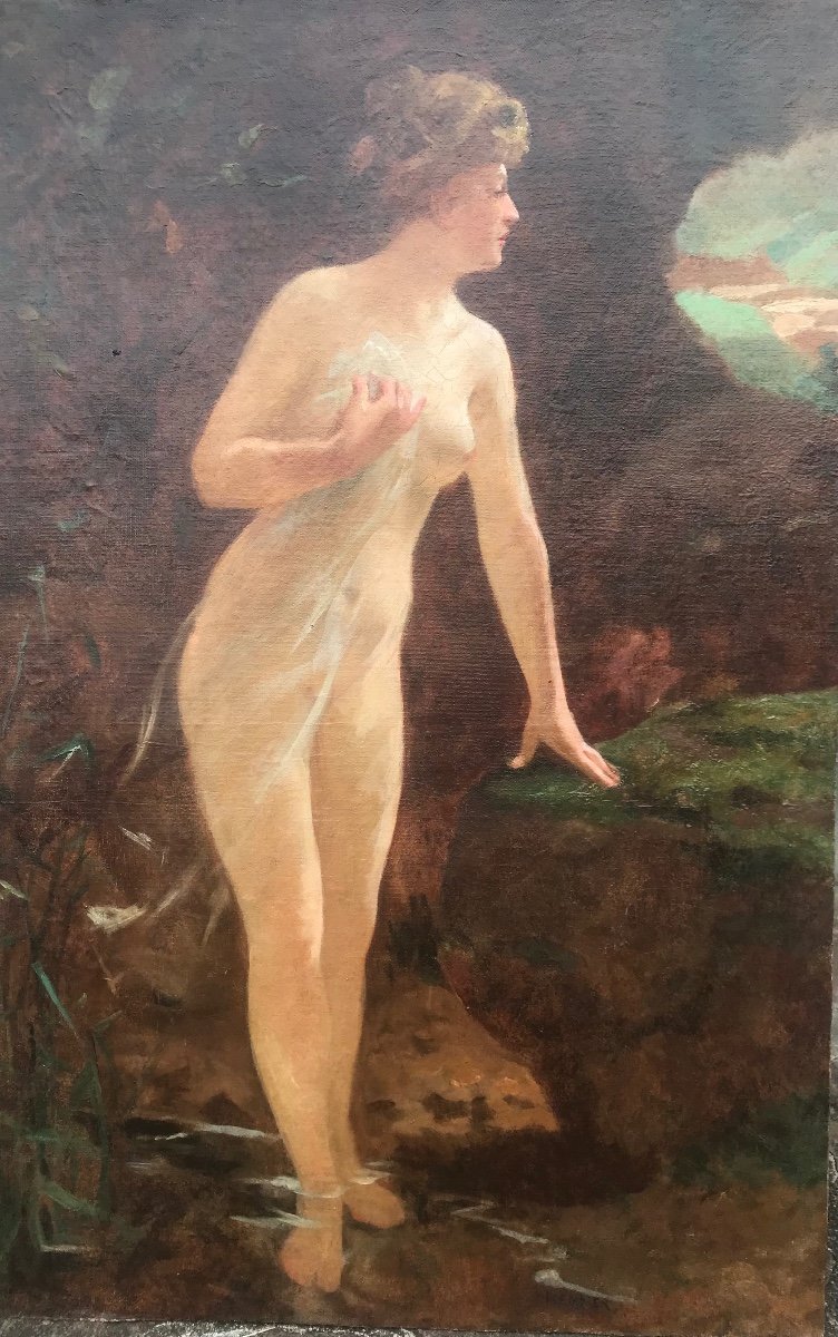 Art Nouveau Oil Woman At The Henner Cave Marouflaged On Panel