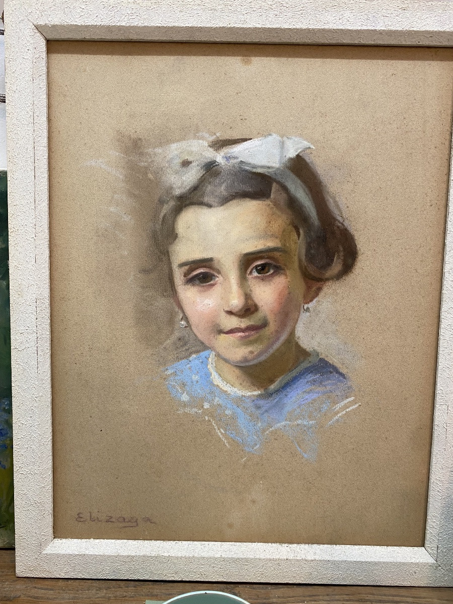 Pastel Helène Elizaga Pays Basque 1930/40 Portrait Enfant Femme d'Henri De La Tourasse-photo-2