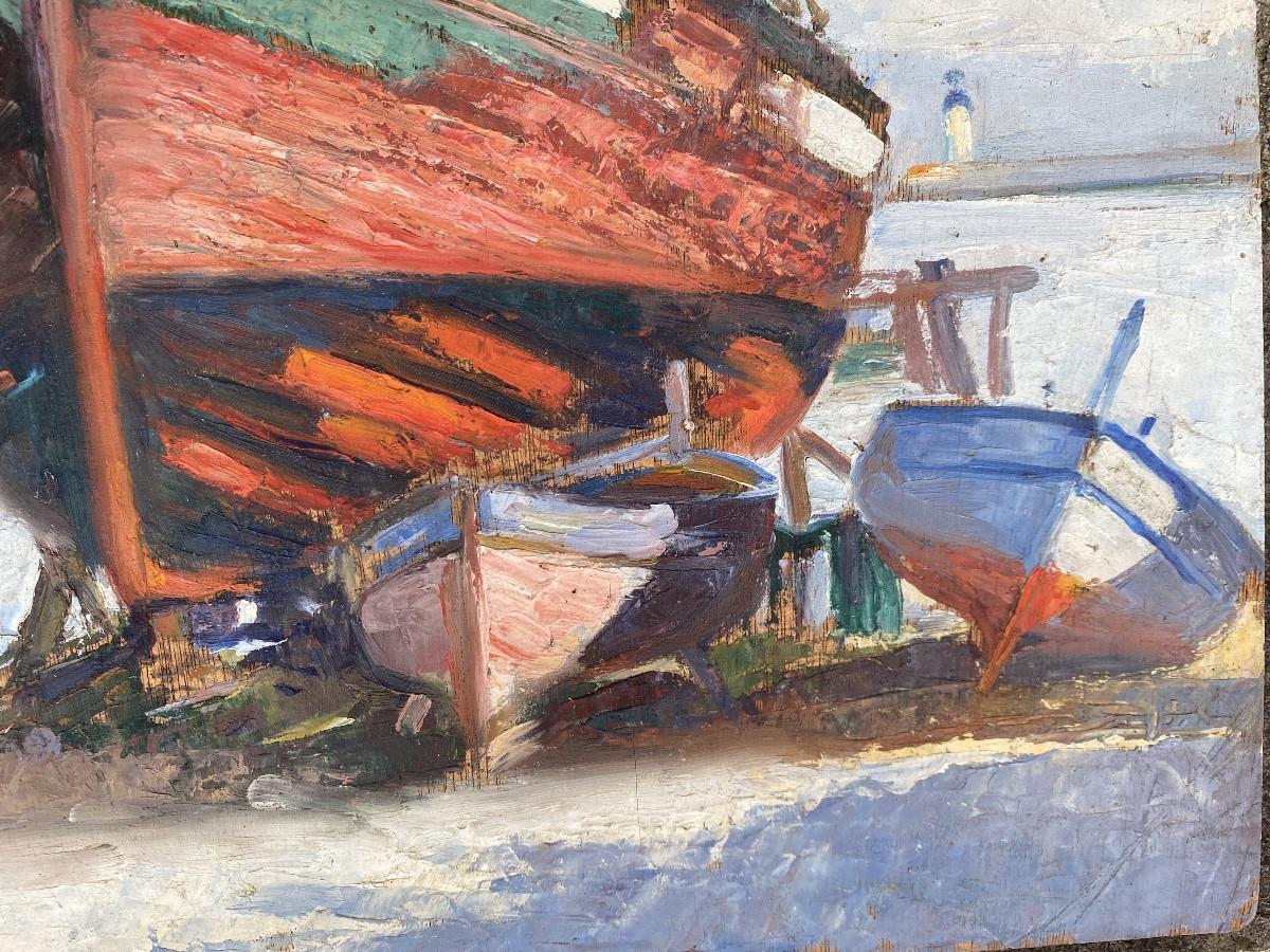 Huile Sur Panneau Pierre Almes (1880/1944) Peintre De Ciboure Pays Basque Port -photo-2