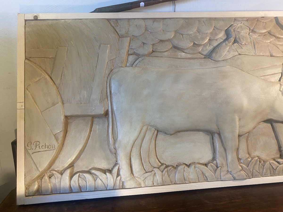 Bas Relief Basque Country Herdsman Harnessing Oxen G.pichon Euskal Hersa-photo-3