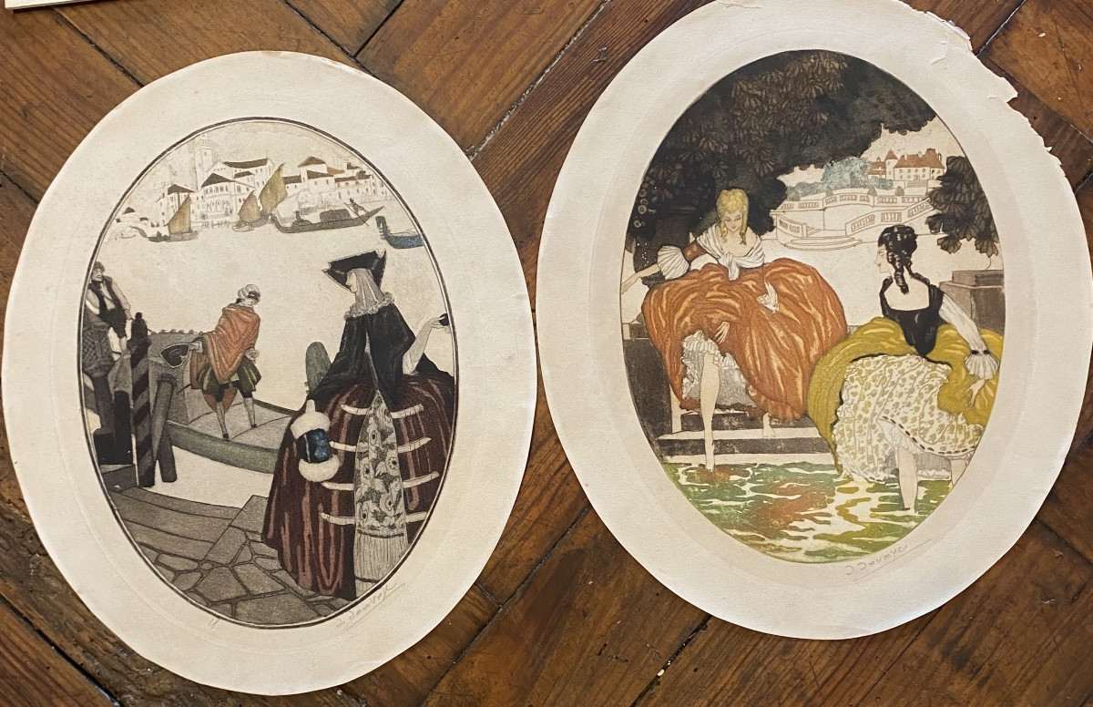paire de gravures début XXe Venise Carnaval élégantes colorées ovales num signes-photo-2