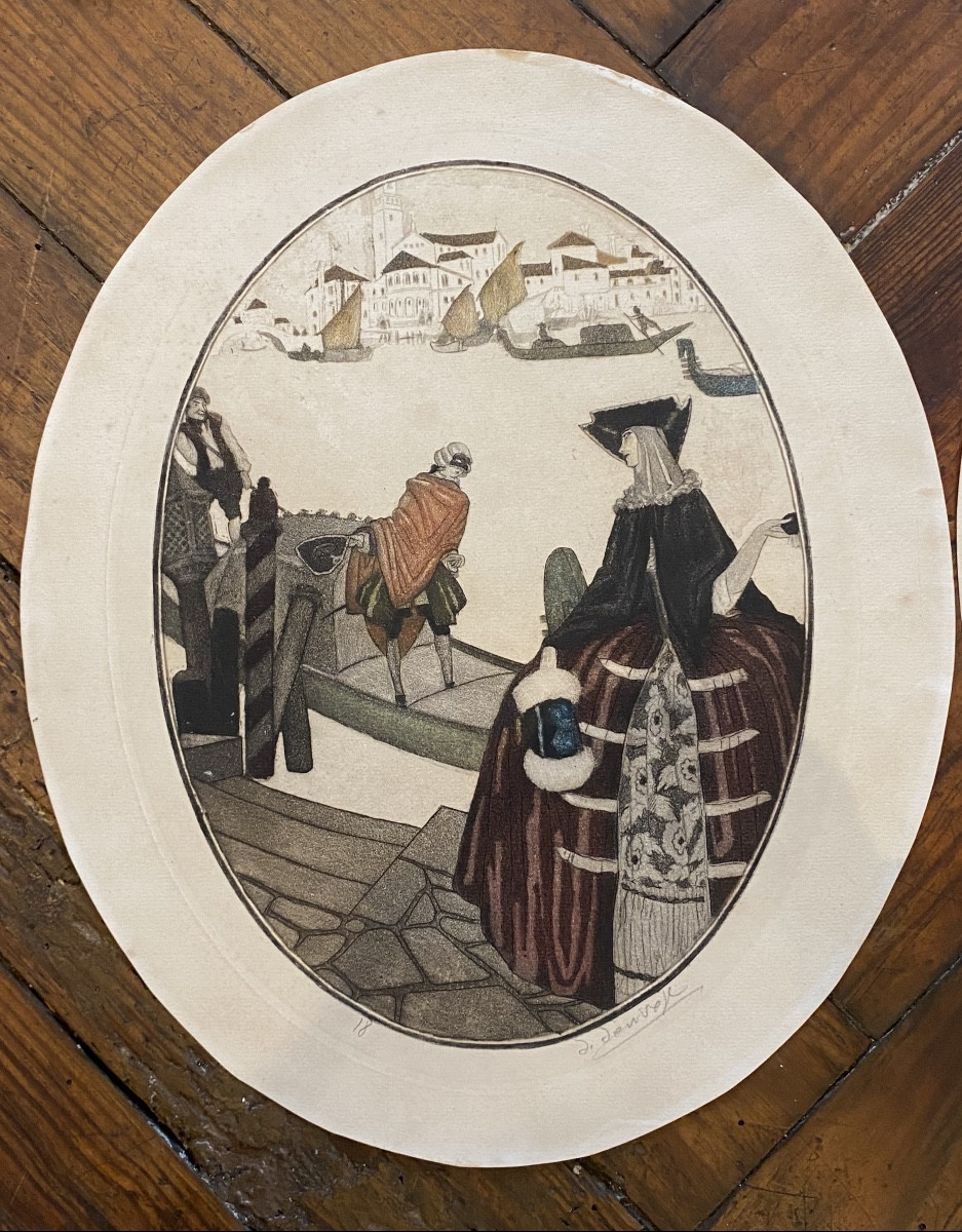 paire de gravures début XXe Venise Carnaval élégantes colorées ovales num signes