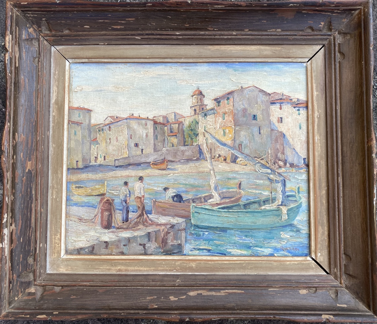Old Oil On Canvas Saint Tropez La Ponche Fishermen -photo-2