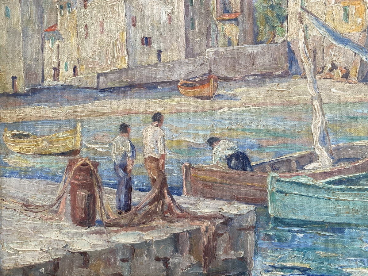 Old Oil On Canvas Saint Tropez La Ponche Fishermen -photo-1