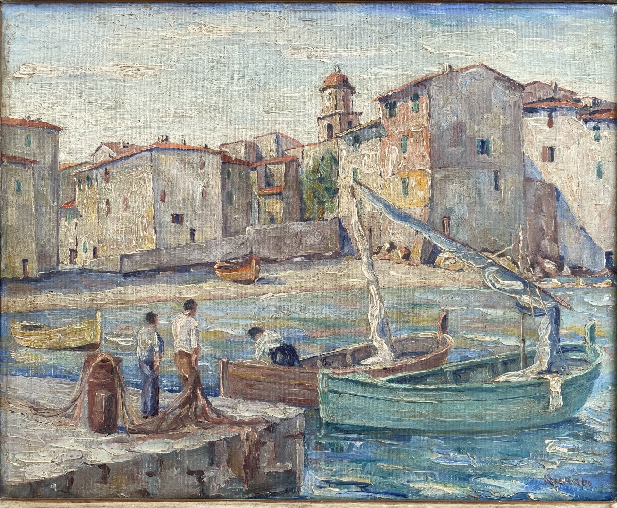 Old Oil On Canvas Saint Tropez La Ponche Fishermen 