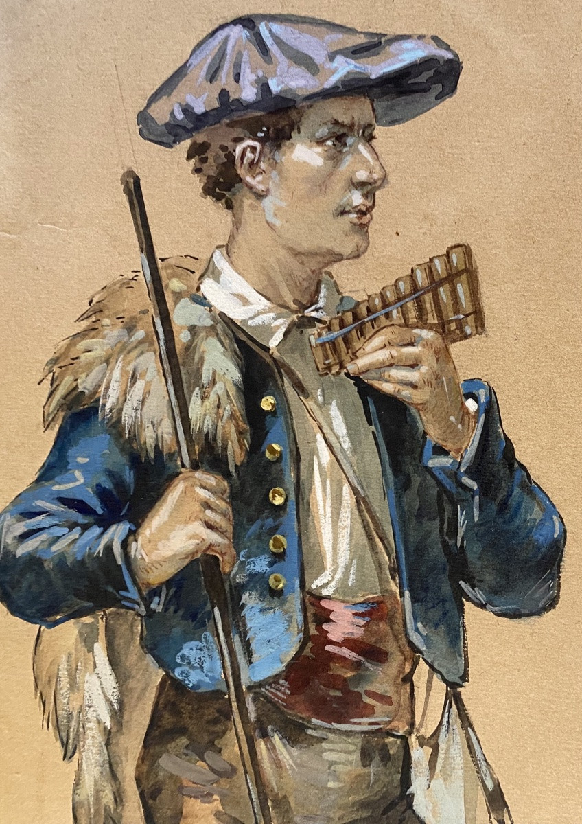 paire de gouaches XIXeme Pays Basque Landes Pyrénées Bigorre art populaire chasseur paysan-photo-3