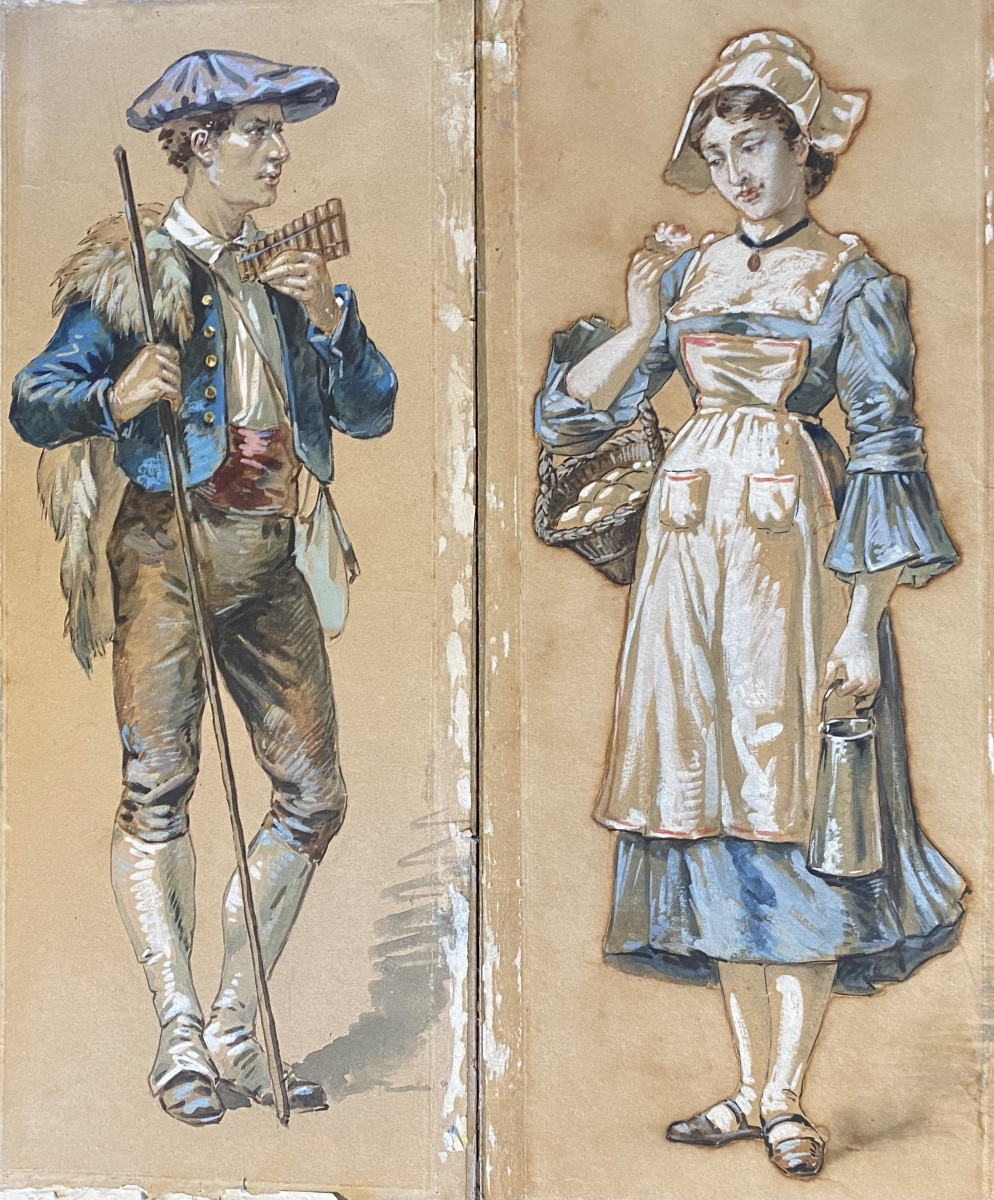 paire de gouaches XIXeme Pays Basque Landes Pyrénées Bigorre art populaire chasseur paysan