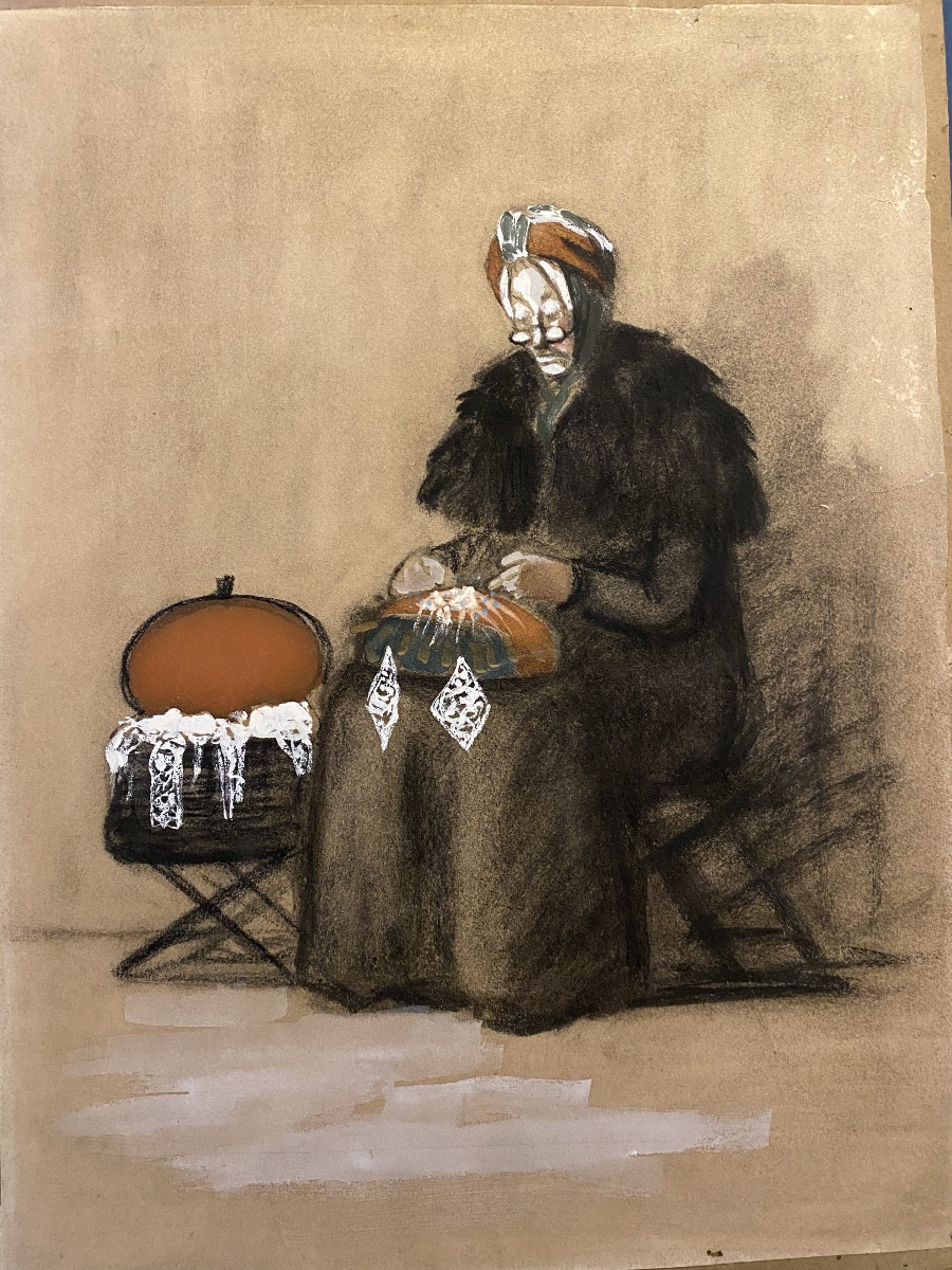 dessin mine de plomb et gouache Georges Tournon 1895/1961couturière petits métiers 