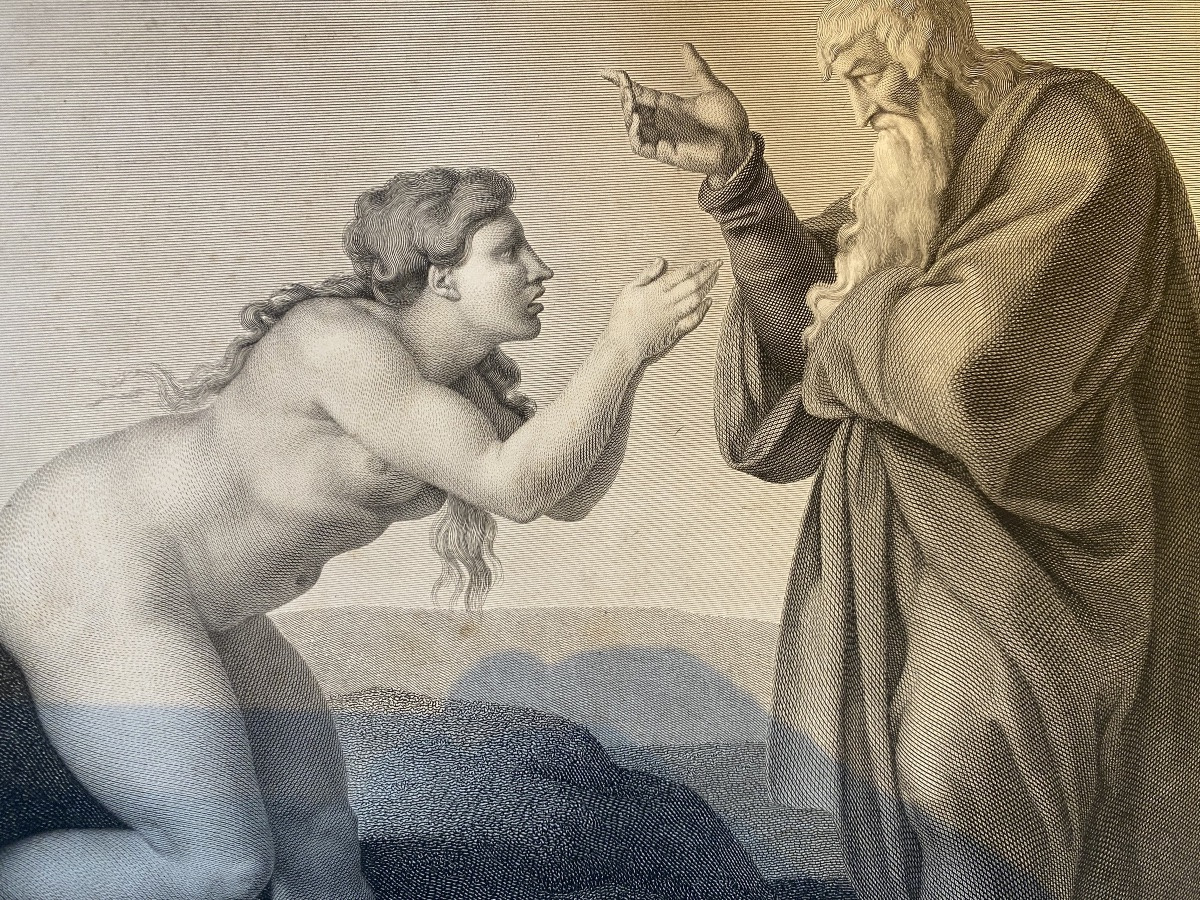 gravure XIXe Coiny La création d'Eve 1823 Michel Ange dessiné à Rome art italien -photo-1