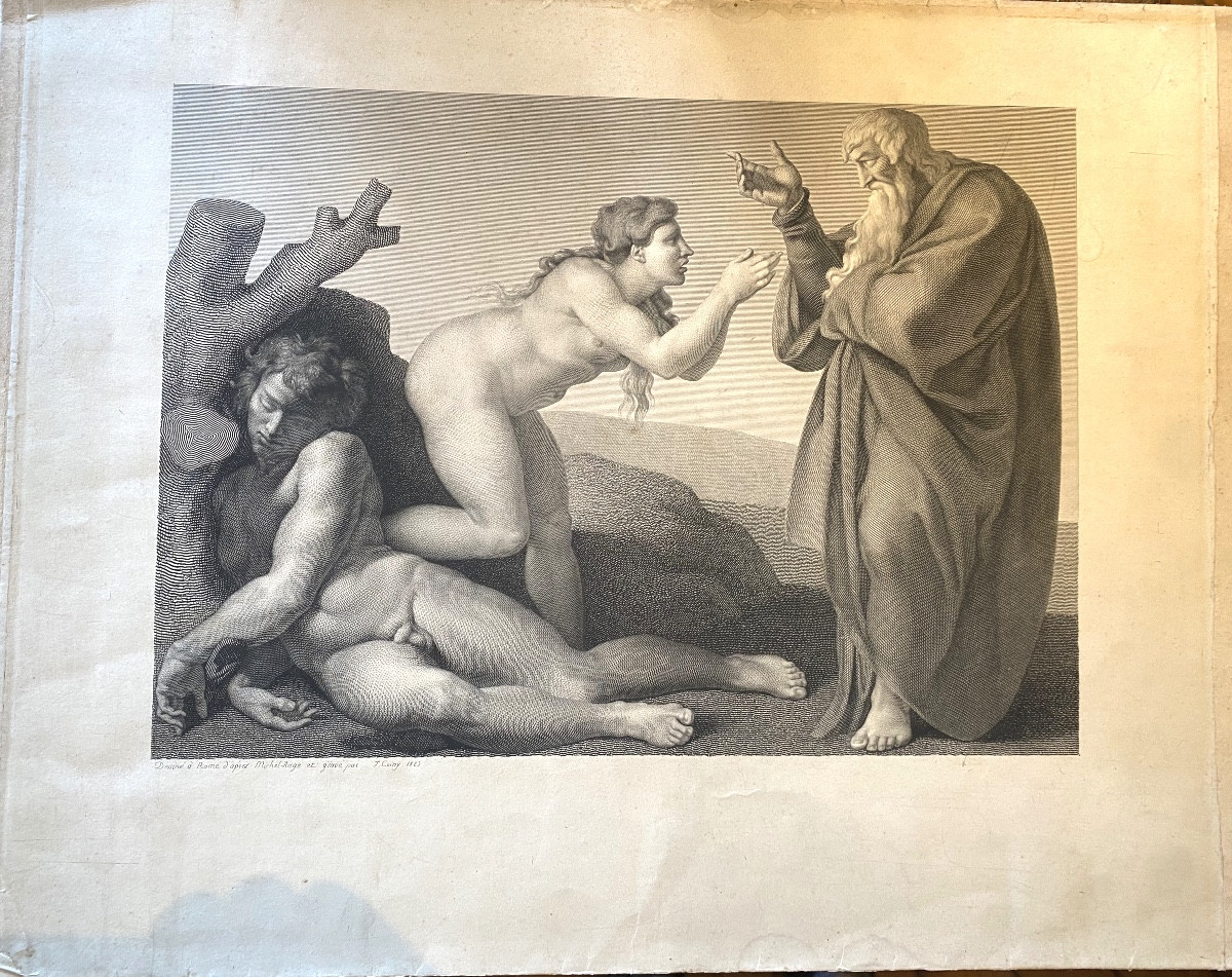 gravure XIXe Coiny La création d'Eve 1823 Michel Ange dessiné à Rome art italien 