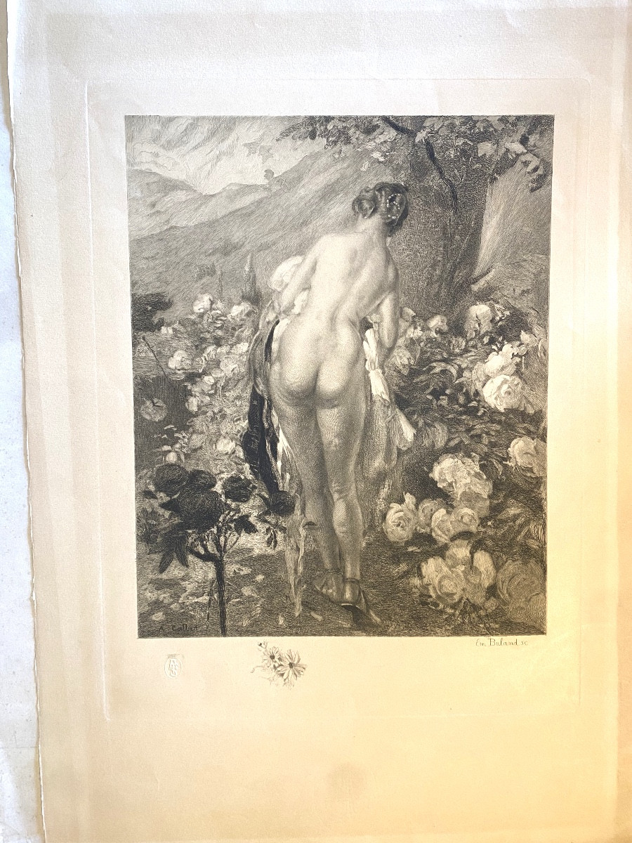 gravure art nouveau art deco XXe Antoine Calbet nu erotica sceau gaufré 
