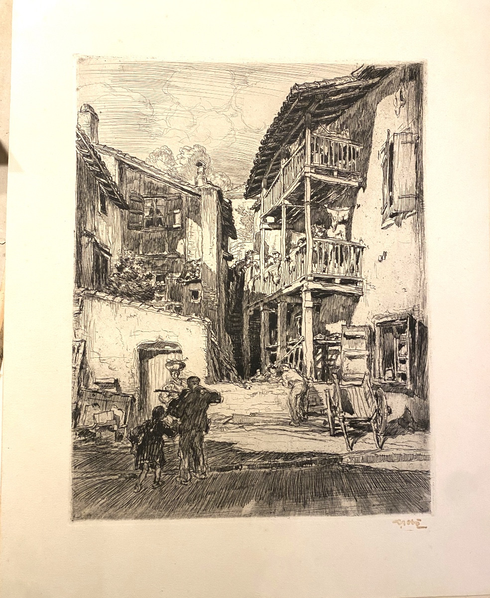 gravure XXe Gobo Georges Gobeau Pays Basque Saint Jean de luz rue du Midi euskal herria 