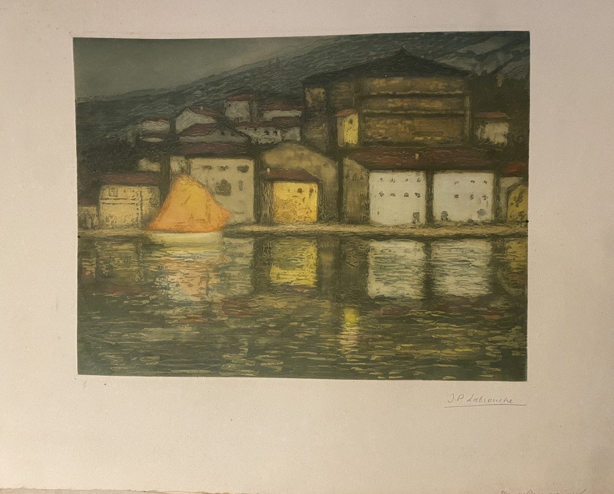 Gravure Pierre Labrouche peintre de Ciboure Pays Basque "village espagnol" hego euskal herria 