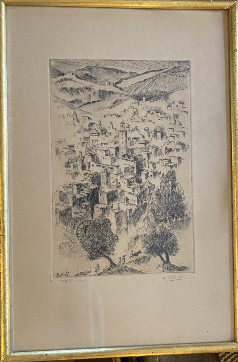 Edmond Vales (1918/2001) Gravure pointe sèche 2/50 Fes médina Maroc orientalisme