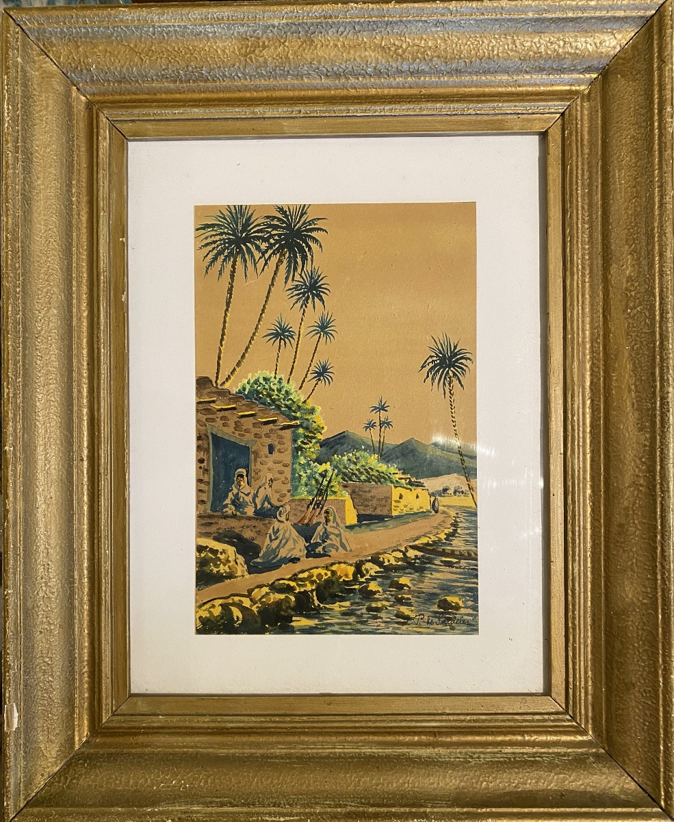 Orientalist Gouache By Pierre De Saedeler, 1930/50, Riverbank, Morocco/algeria -photo-2