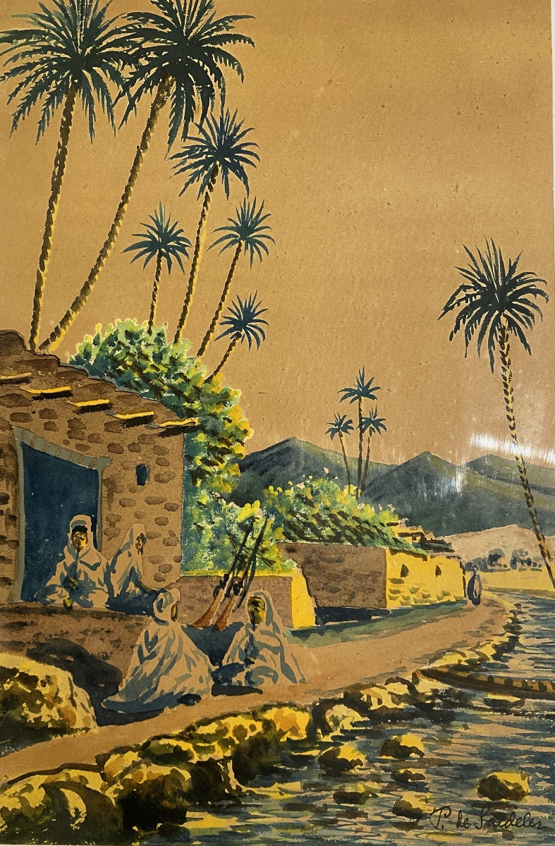 Orientalist Gouache By Pierre De Saedeler, 1930/50, Riverbank, Morocco/algeria -photo-1