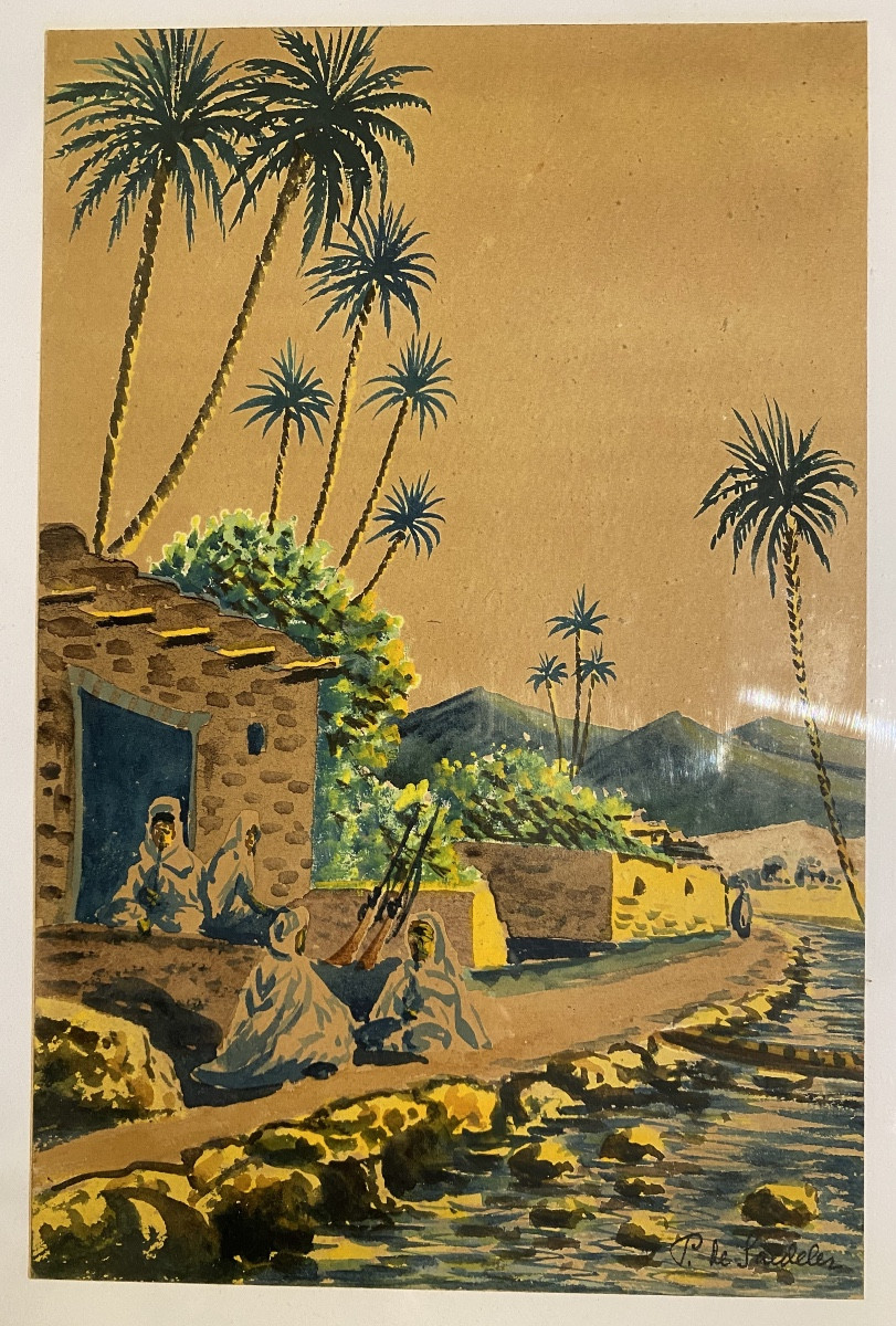 Orientalist Gouache By Pierre De Saedeler, 1930/50, Riverbank, Morocco/algeria 