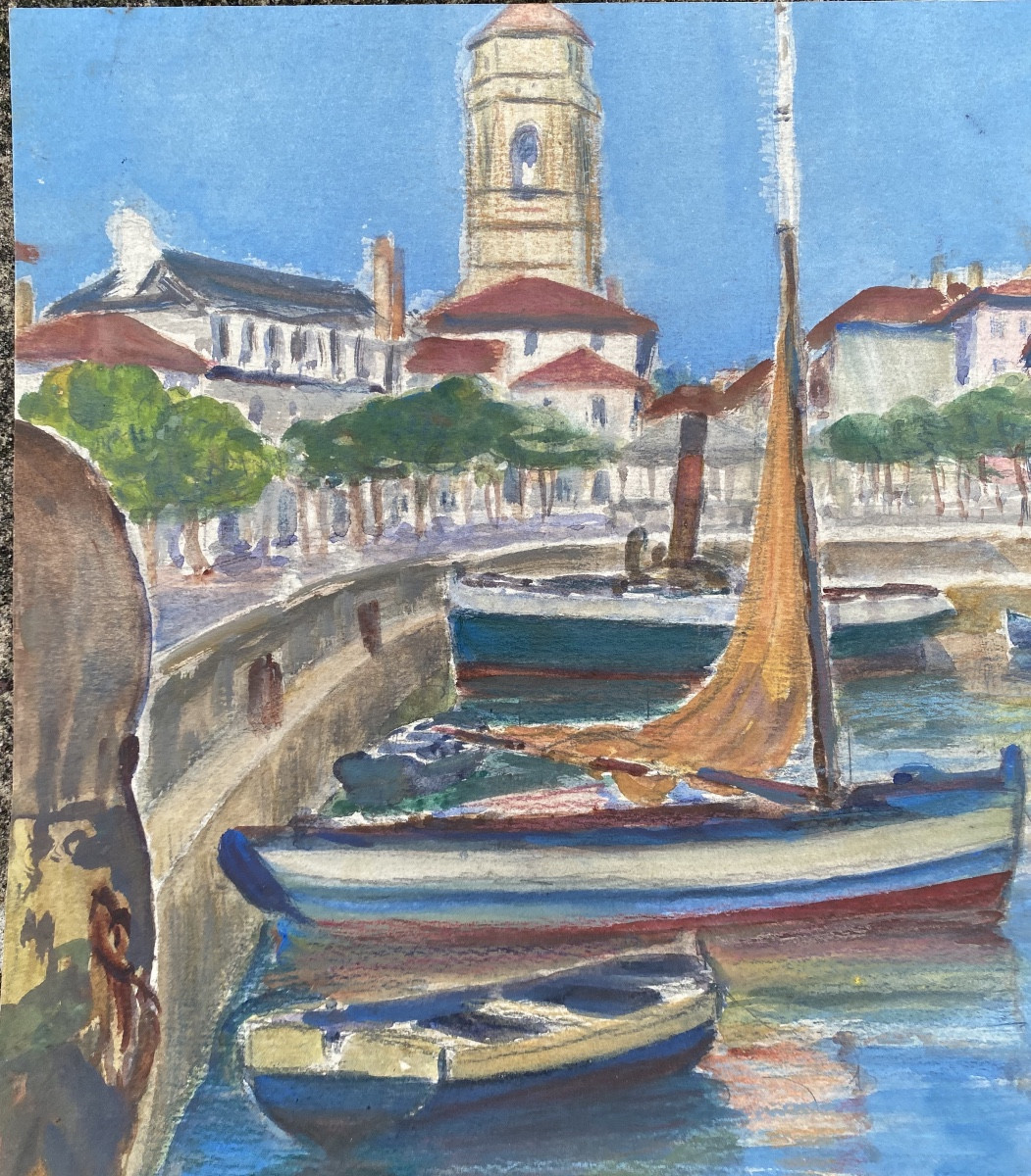 gouache port et place Louis XIV Saint Jean de Luz en Pays Basque Charles Aguerregaray