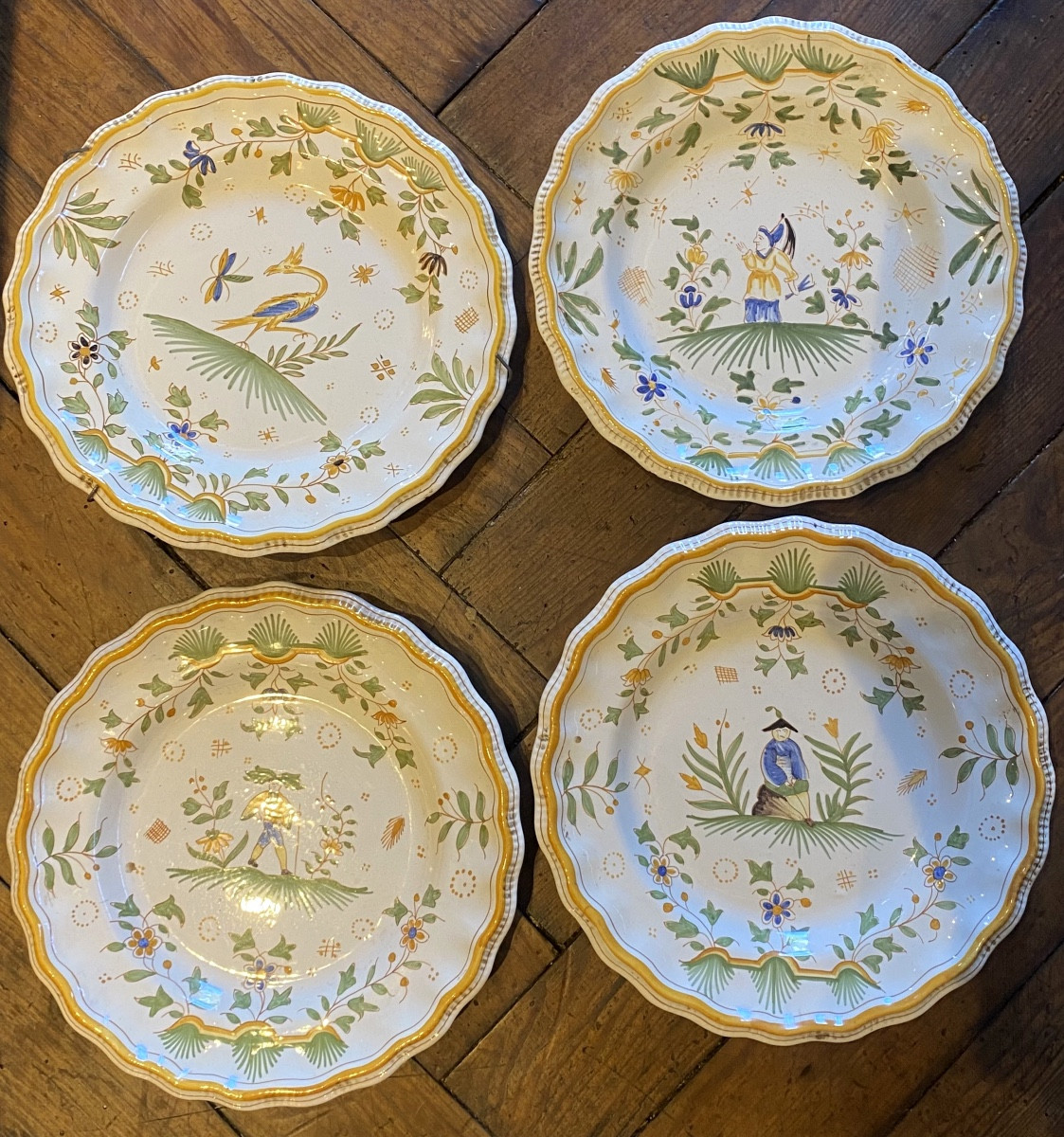 Four 18th-century Polychrome Plates From The Moustiers-en-provence Pottery, Monogrammed Signature