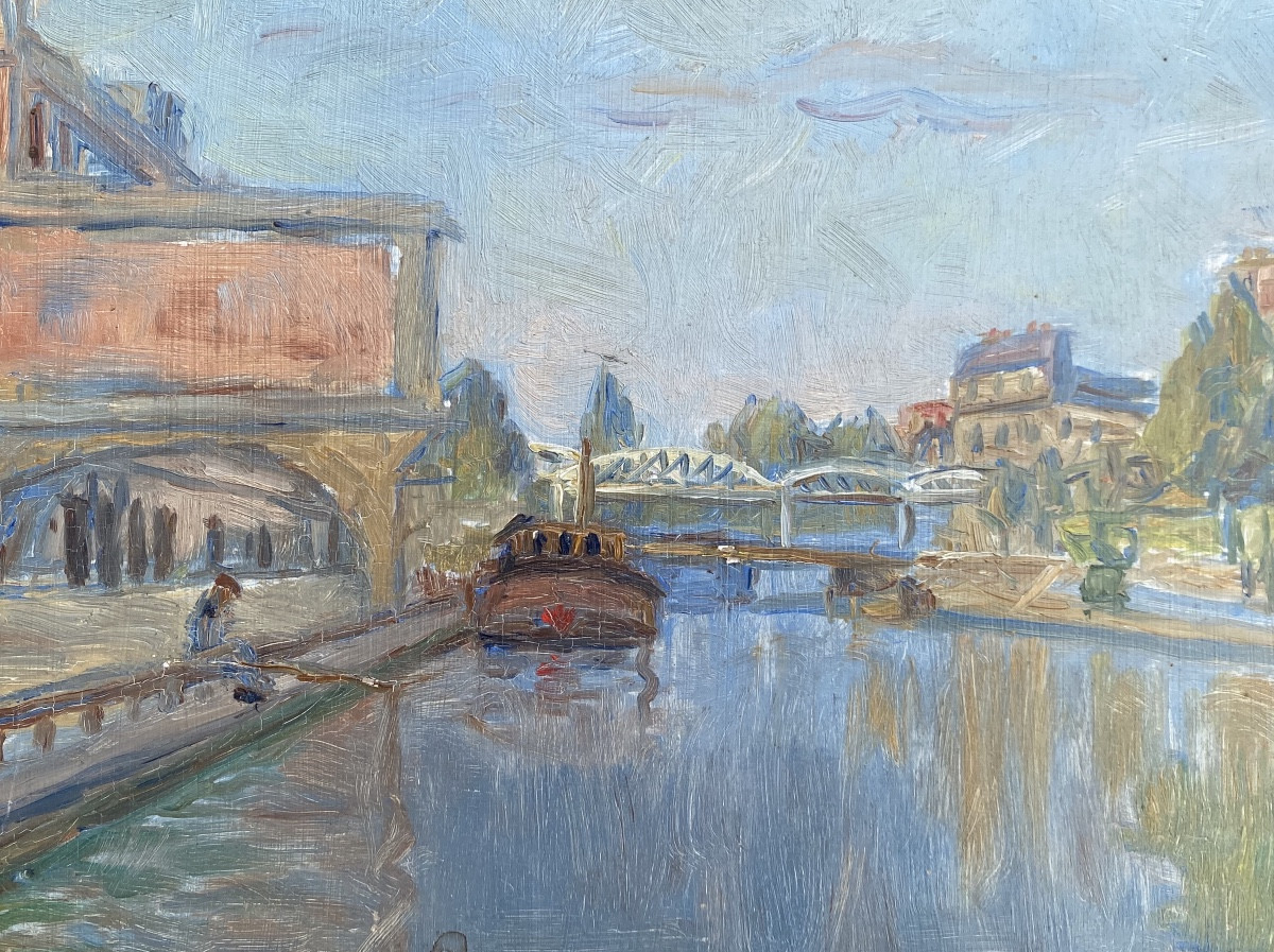 Oil On Canvas, 20th Century, Canal St Martin Ourcq, Paris, With Fisherman -photo-1