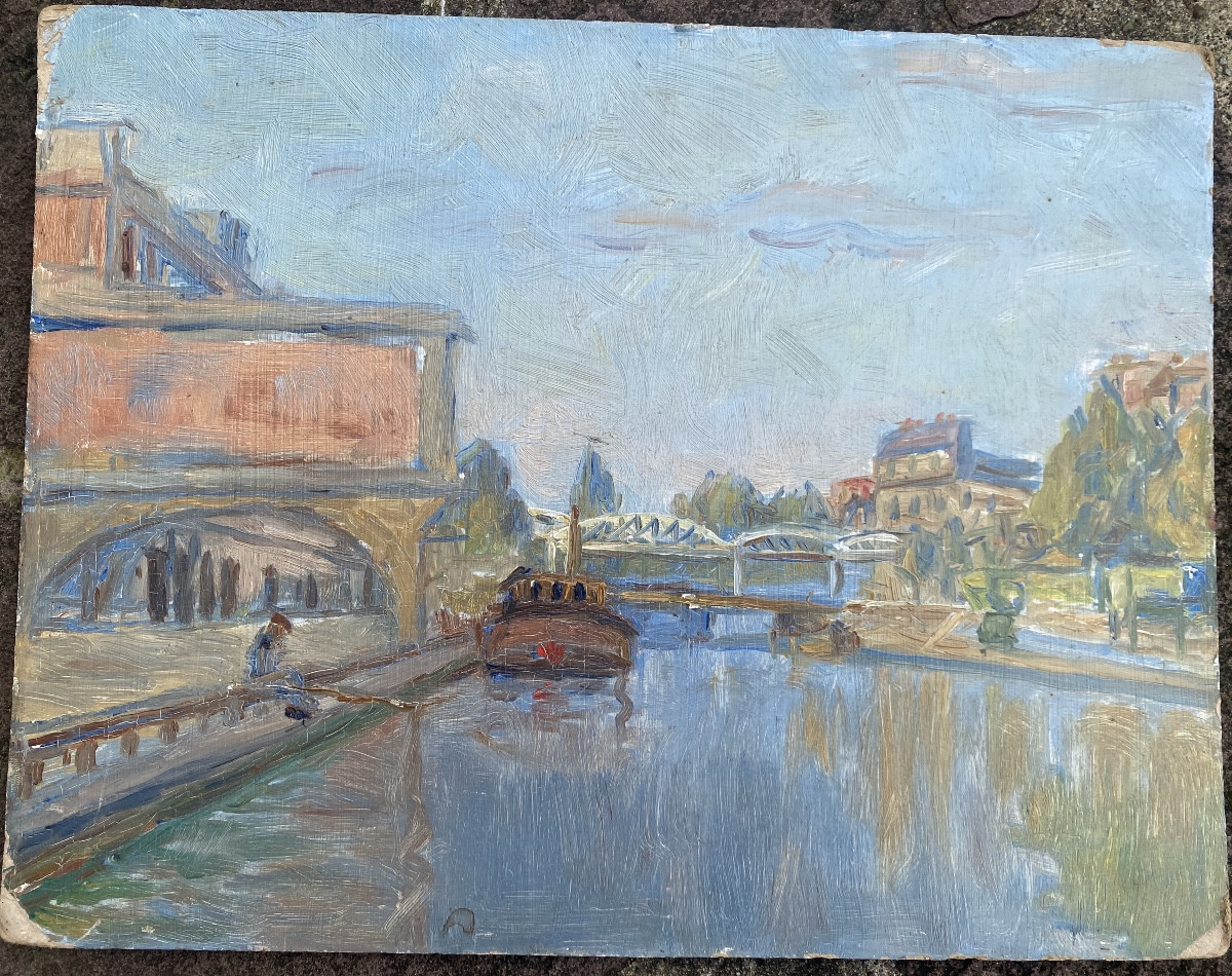 Oil On Canvas, 20th Century, Canal St Martin Ourcq, Paris, With Fisherman 