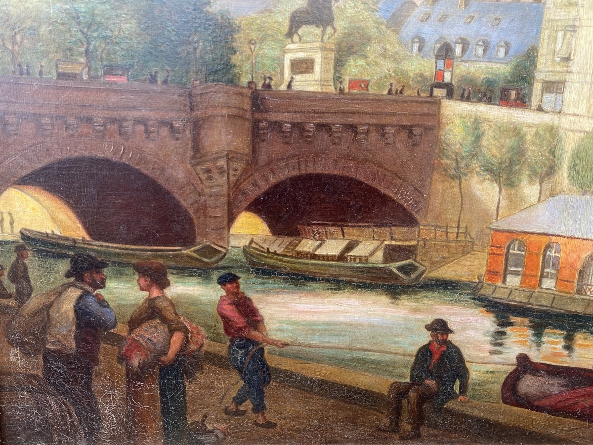 Hst Paris 19th Century Pont Neuf Framed Antique Frame The Seine Small Trades Henri IV -photo-1