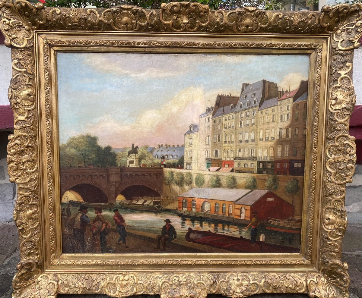 Hst Paris 19th Century Pont Neuf Framed Antique Frame The Seine Small Trades Henri IV 