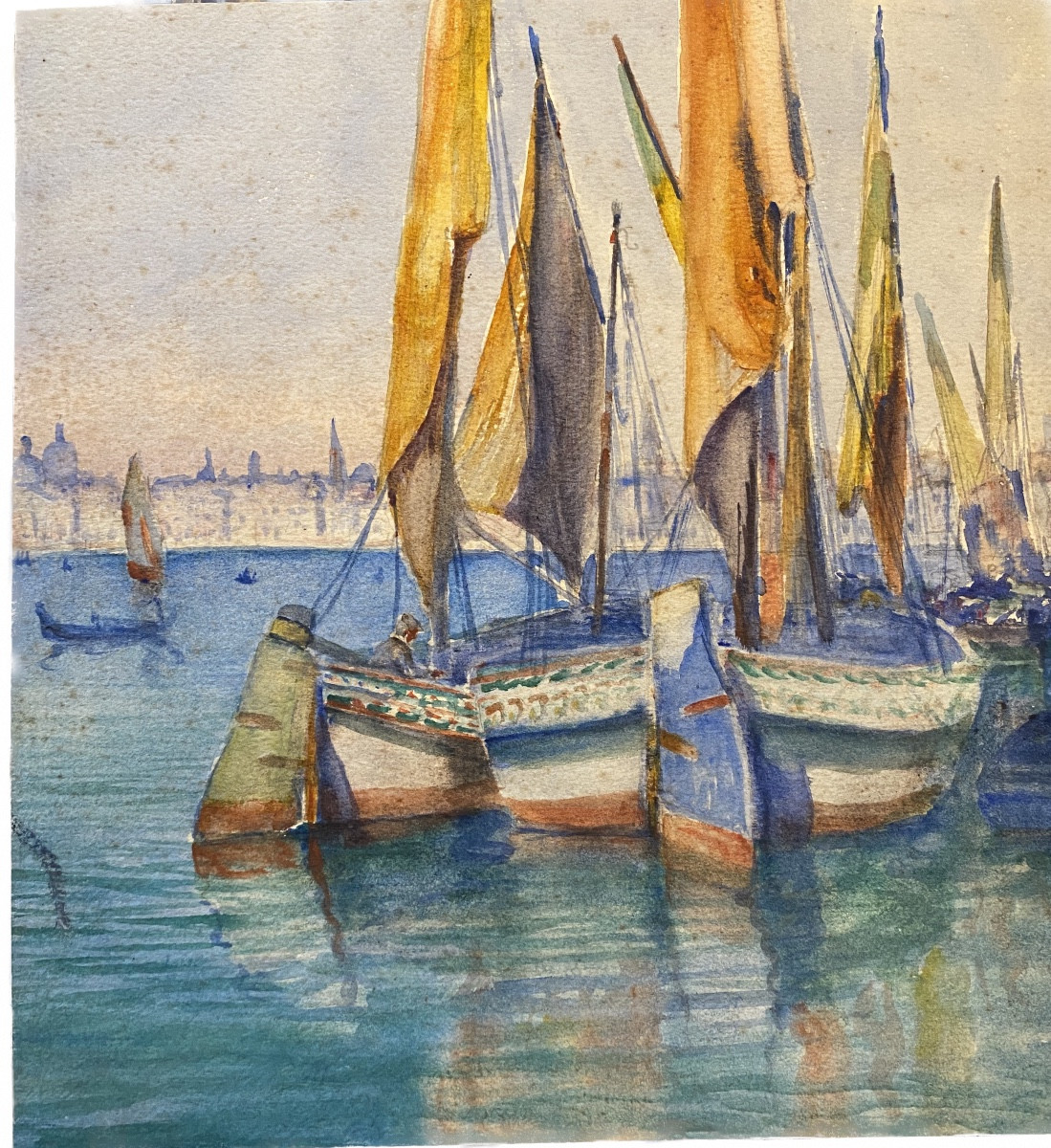 Orientalist Watercolor, 20th Century, Venice (venice), Attributed To Ch. Aguerregaray - Port -photo-1